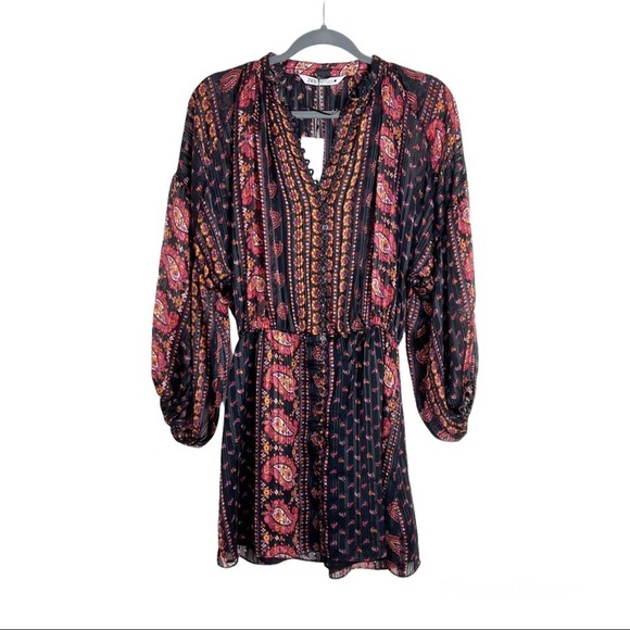 Zara Dresses & Skirts - New Zara Paisley Blousy Mini Dress XS Balloon Sleeves Black